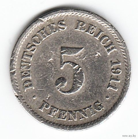 Германия 5 пфеннигов 1911 год FF _состояние VF+