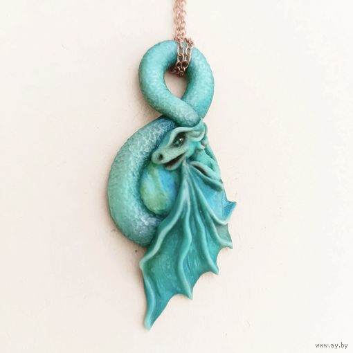 Дракон с натуральным амазонитом. Подвеска, ручная работа