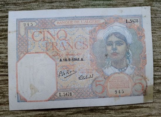 Werty71 Алжир 5 франков 1941 банкнота
