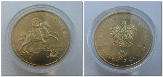 2 злотых Польша 2008 год, 450 лет почты Польши, из коллекции