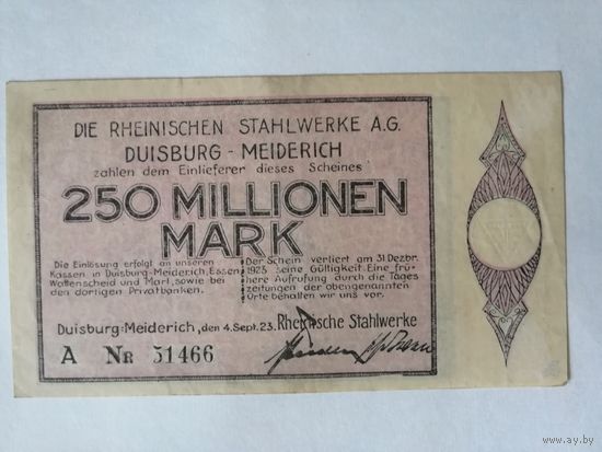 Германия, нотгельды, 1923 год, город Дуйсбург-Мейдерих, 250 миллионов марок, 1205.bb. , серия "А" нечастая