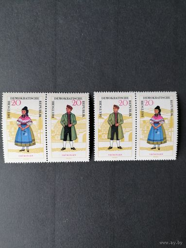 ГДР 1964 Две горизонтальные сцепки каждая из двух марок серии "Национальный костюм" (чистые**) Mi.1078-1079 каталог 10.00 евро