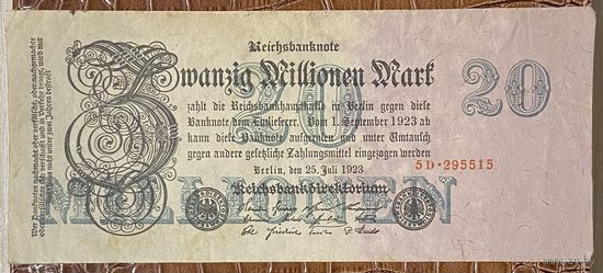 Банкнота 20 миллионов марок 1923 год. Веймарская республика .