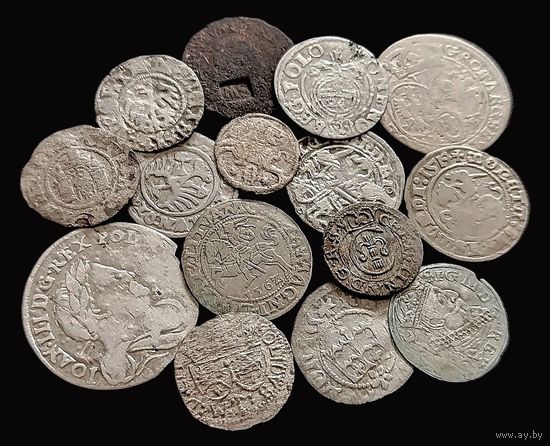15 МОНЕТ ВКЛ И РЕЧИ ПОСПОЛИТОЙ (СЕРЕБРО:6 ГРОШЕЙ 1678 г. ЯН III СОБЕССКИЙ; 6 ГРОШЕЙ 1667 ЯН II КАЗИМИР; ПОЛУГРОШ БЕЗ ДАТЫ ЯН I ОЛЬБРАХТ; ПОЛУГРОШ 1515 г. ЖИГИМОНТ СТАРЫЙ и др.)