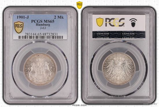 Германия.Гамбург. 2 марки 1901 J. слаб PCGS MS65