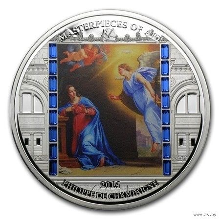RARE Острова Кука 20 долларов 2014г. Шедевры искусства: "Филипп де Шампань - Благовещение".  Монета в капсуле, подарочном футляре; сертификат; коробка. СЕРЕБРО 93,30гр.(3 oz).