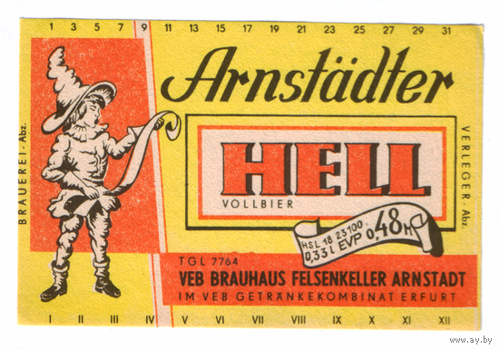 Этикетка пива Arnstadter Hell Германия П754