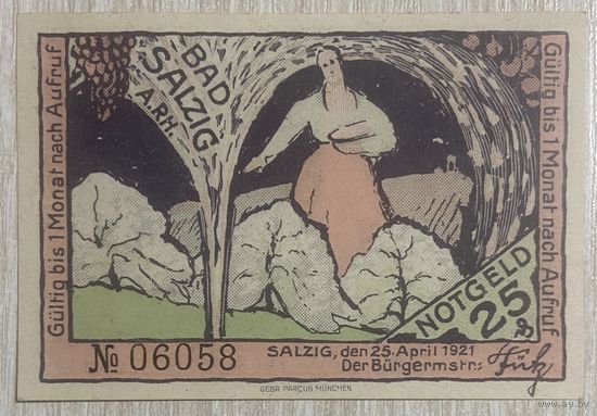 Нотгельд 25 пфеннигов 1921 год. Бад-Зальциг. Веймарская республика