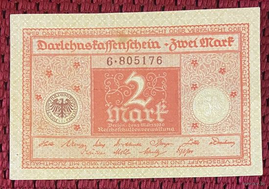 Банкнота 2 марки 1920 год. Веймарская республика С рубля без МЦ.