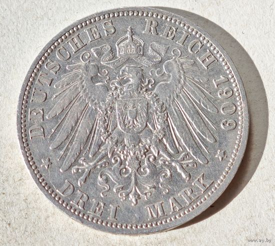 Серебро 1909 год Германия 3 марки
