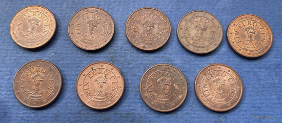 Австрия 1 евроцент 2002, 2007, 2008, 2009, 2010, 2013, 2014, 2015, 2018