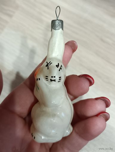 Елочные игрушки, стекло, заяц с морковкой из набора серая шейка