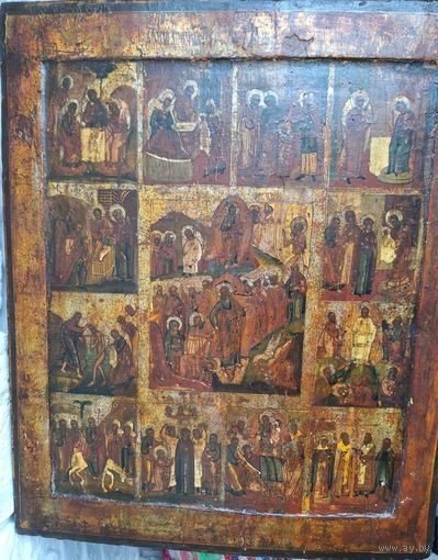 Икона Праздники, 18 век, темпера, ковчег. Размер: 53х44х2,7 см.