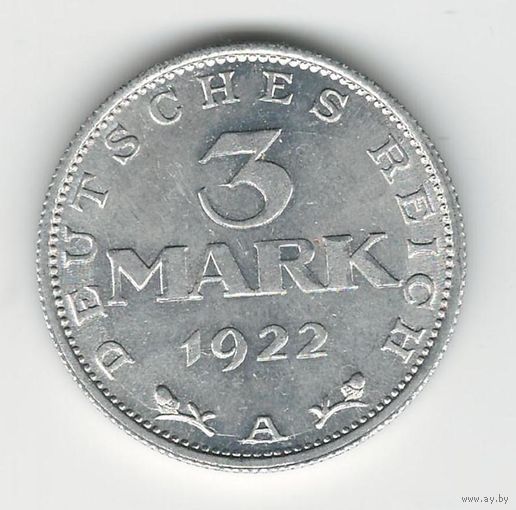 Германия Веймар 3 марки 1922 года. Буква А. Состояние UNC