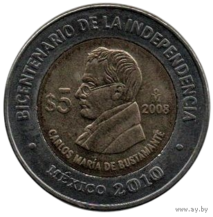 МЕКСИКАНСКИЕ СОЕДИНЁННЫЕ ШТАТЫ. 5 ПЕСО 2008. Карлос Мария де Бустаманте. Двухсотлетие независимости. БИМЕТАЛЛ