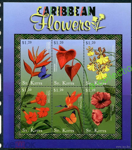 Сент-Китс 2001 год Фауна Бабочки Цветы MNH