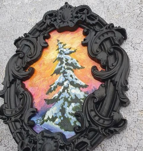 Картина маслом "Ель" в гипсовой рамке ручной работы