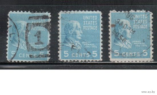 США-1938, (Мих.415), гаш.   , Стандарт, президенты, Монро, 3 марки различные гашения