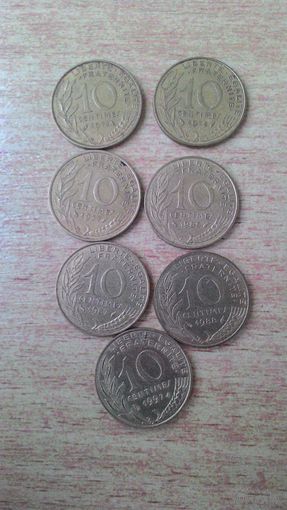 Франция, сборный лот 10 сантимов 1971, 1975, 1977, 1985, 1987, 1988, 1997 годов.