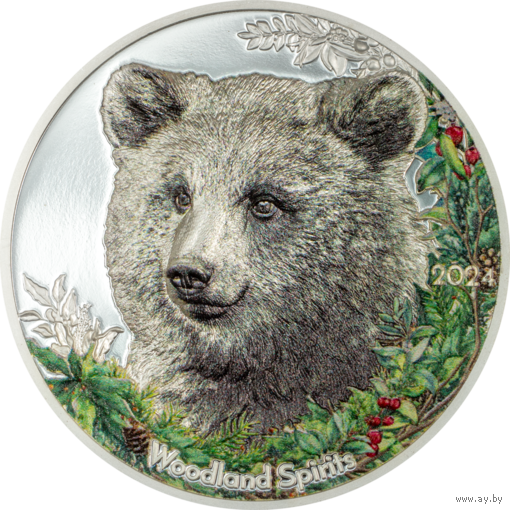Монголия 500 тугриков 2024г. "Духи леса: Медведь". Монета в капсуле; сертификат. СЕРЕБРО 31,10гр.(1 oz).