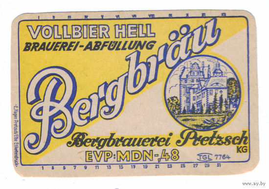 Этикетка пива Bergbrau Германия П757
