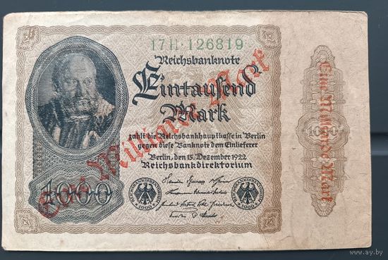 100000000 марок надпечатка (1000 марок 1922)  REICHSBANKNOTE Банкнота Веймарская республика  Берлин