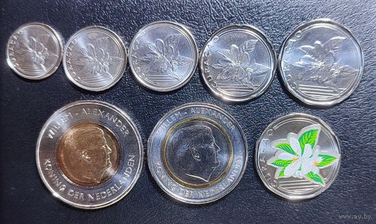 Синт-Мартен (8 монет) весь комплект 1, 5, 10, 25, 50 центов, 1, 5 гульденов + юбилейные 50 центов 2025 г..