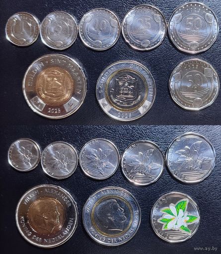 Синт-Мартен (8 монет) весь комплект 1, 5, 10, 25, 50 центов, 1, 5 гульденов + юбилейные 50 центов 2025 г..