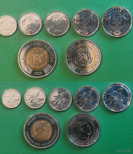 Синт-Мартен (7 монет) весь комплект 1, 5, 10, 25, 50 центов, 1, 5 гульденов 2025 г..