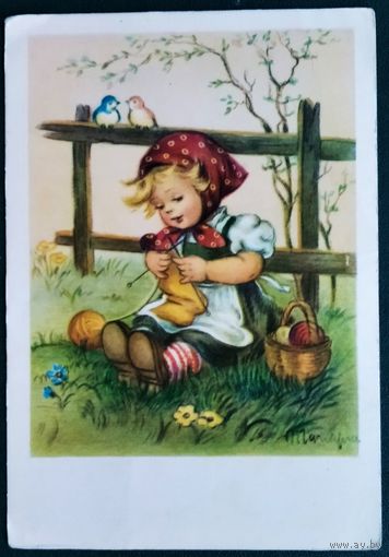 Девочка вяжет. Болгария. 1960 г. Подписана.