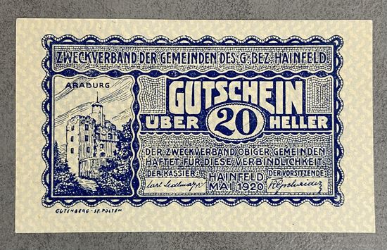 Нотгельд Австрия ХАЙНФЕЛЬД, 20  геллеров 1920 год