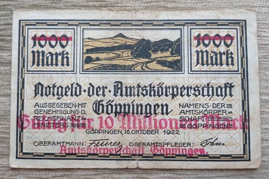 Werty71 Германия 10 миллионов 10000000 марок 1922 1923 Гёппинген банкнота гроссгельд