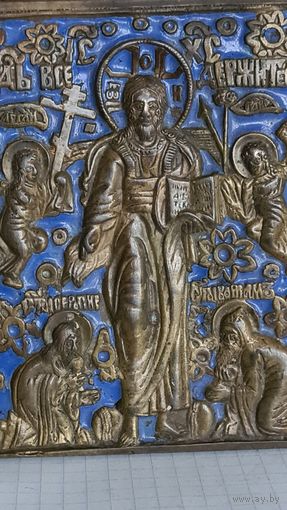 ИКОНА ПЛАСТИКА МЕДНОЛИТАЯ ЭМАЛЬ  СПАС СМОЛЕНСКИЙ 19 ВЕК .