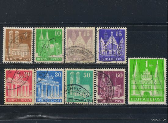 Оккупация Германии Британо-американская зона 1948 Рёмер Франкфурт,Фрауэнкирхе Мюнхен,Бранденбургские ворота Берлин,Кельнский собор,Хольстентор Любек Стандарт #74А,80А,82А,85А,89А,92А,93G,97G
