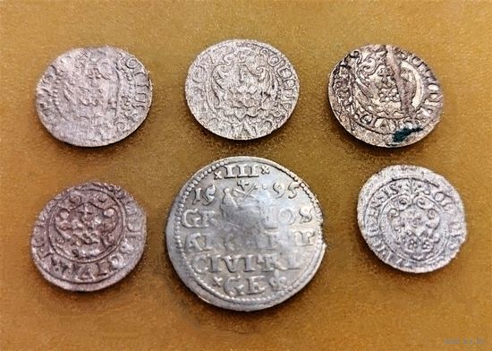 5 РИЖСКИХ СОЛИДОВ 1616, 1617, 1619 (19), 1620(Z0), 1621(ZI) + ТРИ ГРОША 1595 Г. РИГА