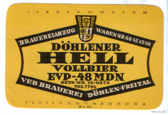 Этикетка пива Dohlener Hell Германия П763
