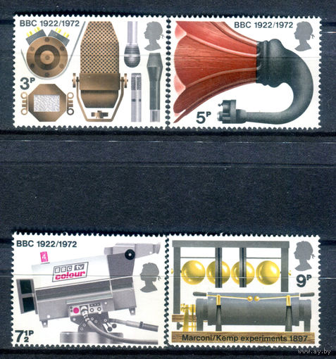 Великобритания - 1972г. - история британского радиовещания - 4 марки - полная серия, MNH, последняя марка с маленьким повреждением перфорации и клея слева снизу [Mi 602-605]. #3-GB-Z-1-21
