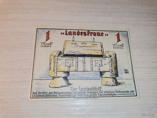 Нотгельд номиналом 1 марка , 1920 года, город Ландкирхен-на Фемарне, Германия.