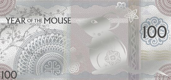 Монголия 100 тугриков 2020г. Skyline Dollar "Год Мыши. Крысы". Купюра в пластиковом слабе. Серебро 5гр.