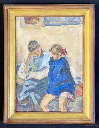 Крохалев П.С (Крохолев) "За чтением", холст, масло. Размер с рамой 31х41 см.