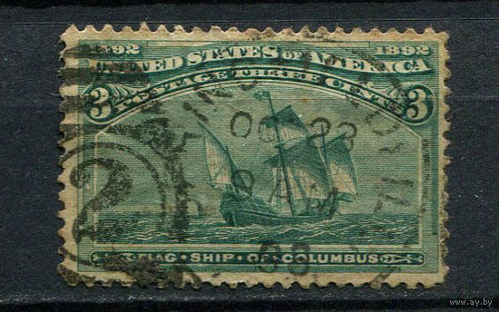 США - 1893 - Парусник 3С - (есть тонкое место) - [Mi.75] - 1 марка. Гашеная.  (Лот 12Dk)