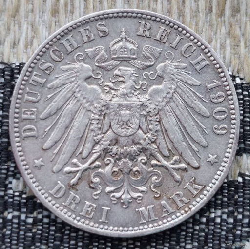 Германия 3 марки 1909 года, E. Серебро! Сторгуй за свою цену, предложи обмен! S100