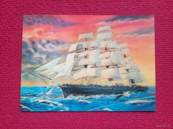 Парусник, корабль. Стерео открытка. Япония. Чистая.