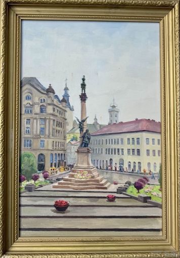 Бржозовский Г.Ф "Дождливый день". Памятник А.Мицкевичу во Львове. Холст, масло. Размер с рамой 52х73,5 см.
