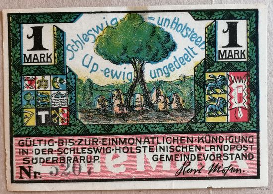 Германия 1 марка 1921 г Зюдербраруп (Schleswig-Holstein-Suderbrarup), 1294.4, UNC