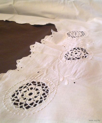 Винтажный пододеяльник с вышивкой, ришелье и вязаным кружевом ручной работы