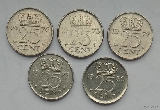Нидерланды 25 центов 1972, 1973, 1976, 1977, 1980 гг. Цена за 1 шт.