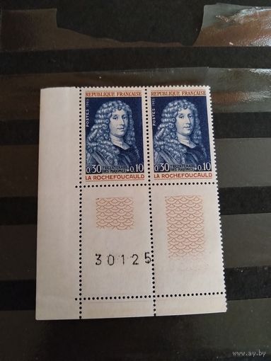1965 Франция Ларошфуко писатель культура  чистая MNH** квартблок с 2 купонами и номером печатного листа  выпускалась одиночкой (4-16)