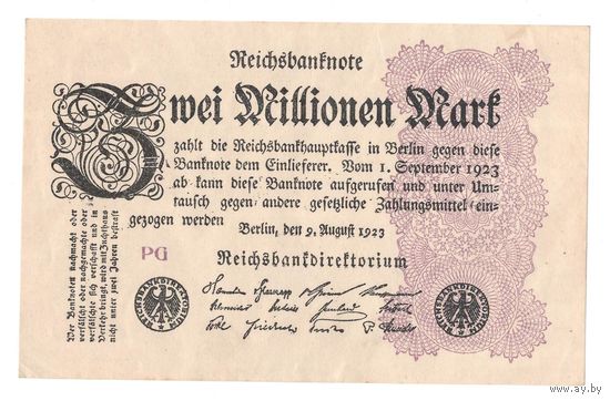 Германия 2 000 000 марок 1923 года. Тип Р 104a. G/D in stars. Состояние XF+/aUNC!