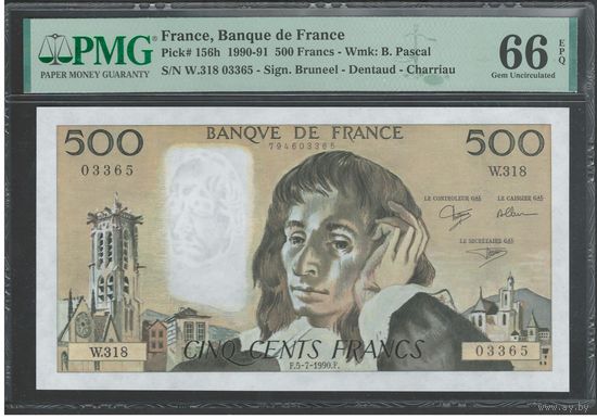 Франция 500 франков 1990 года. Тип P-156h. Состояние UNC! В слабе PMG 66